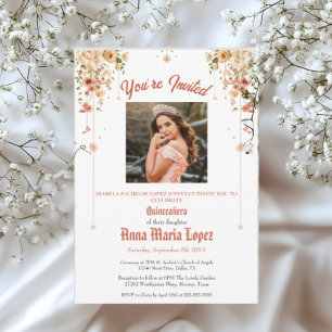 Invitaciones Acrílicas Elegante Floral Foto Mis Quince Quinceañera 15°