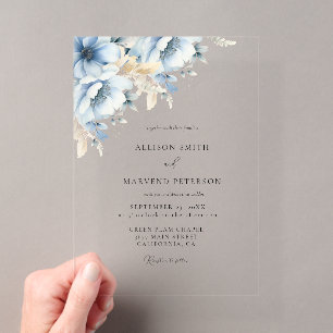 Invitaciones Acrílicas Elegante Floral Geométrico Azul Bodas en Flor