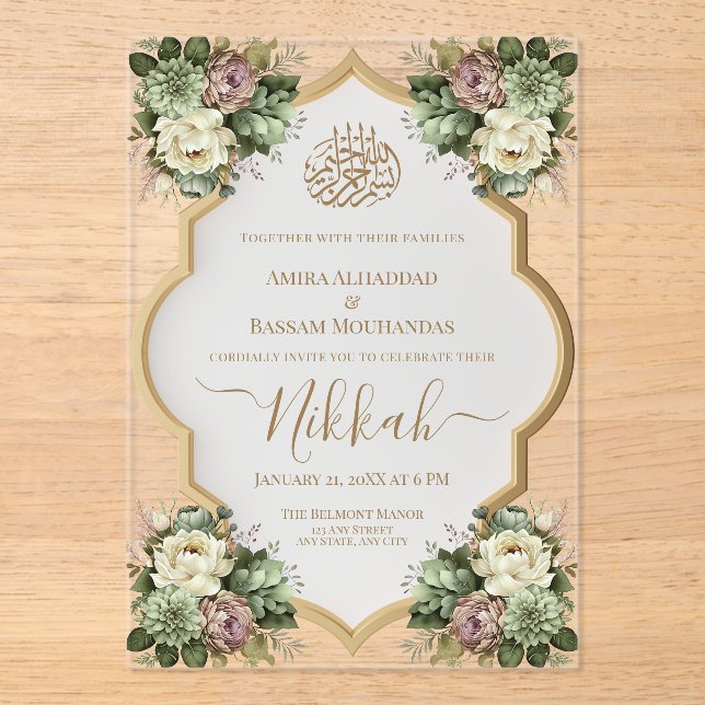 Invitaciones Acrílicas Elegante floral islámica Nikkah (Anverso)
