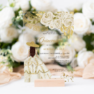 Invitaciones Acrílicas Elegante Floral Marfil Dorado Charra Quinceañera