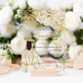 Invitaciones Acrílicas Elegante Floral Marfil Gold Charra Quinceañera