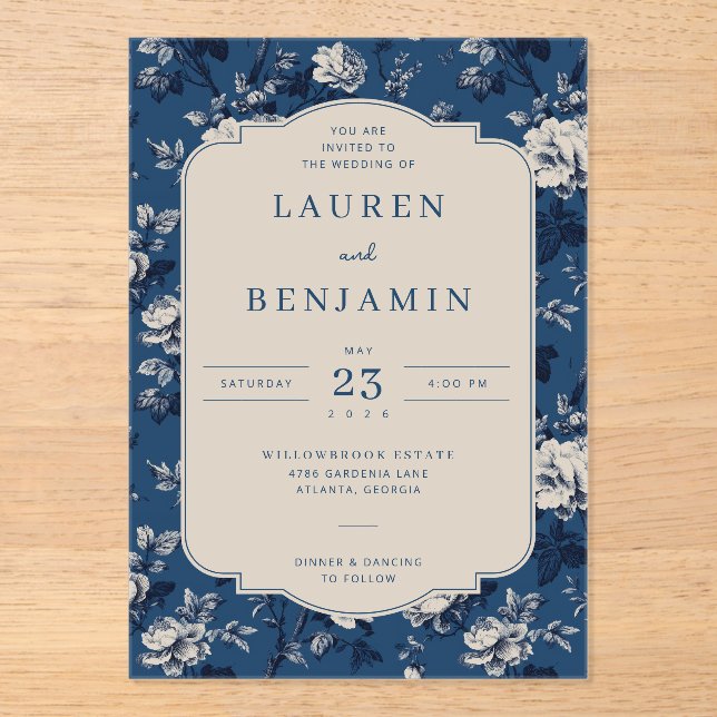 Invitaciones Acrílicas Elegante floral navy (Anverso)