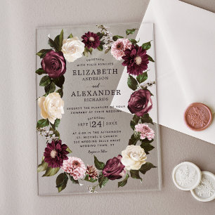 Invitaciones Acrílicas Elegante Floral Oscuro Malhumorado Burgundy Boda
