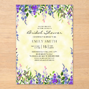Invitaciones Acrílicas Elegante floral púrpura lluvia de boda amarilla