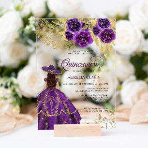 Invitaciones Acrílicas Elegante Floral Púrpura Violeta Charra Quinceañera