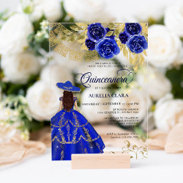 Invitaciones Acrílicas Elegante Floral Real Azul Mexicano Quinceañera