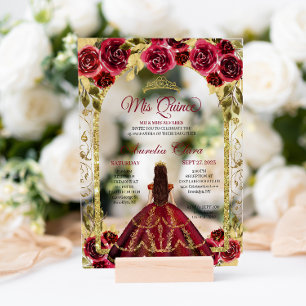 Invitaciones Acrílicas Elegante Floral Rojo Princesa Arco Dorado Quinceañ