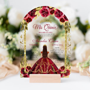 Invitaciones Acrílicas Elegante Floral Rojo Princesa Arco Dorado Quinceañ
