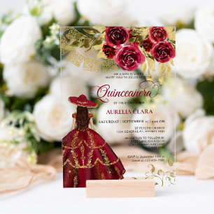 Invitaciones Acrílicas Elegante Floral Rojo Rubí Charra Quinceañera