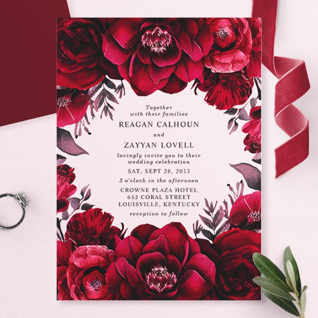 Invitaciones Acrílicas Elegante Floral Romántico Boda Rojo Carmesí Profun (Subido por el creador)