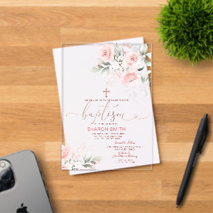 Invitaciones Acrílicas Elegante Floral Rosa Cruz Dorada Bautizo