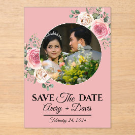 Invitaciones Acrílicas Elegante Floral Rosa Fecha de Guardado Totalmente 