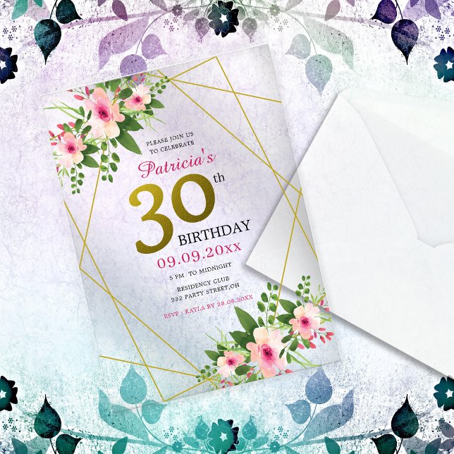 Invitaciones Acrílicas Elegante Floral Rosa Y Oro 30 Años (Elegant Floral Pink And Gold 30th Birthday Acrylic Invitations)