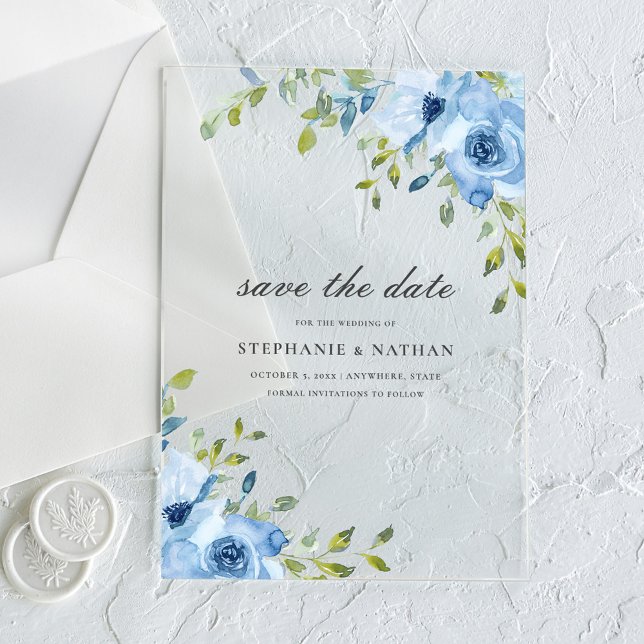 Invitaciones Acrílicas Elegante floral verde azul ahorrar la fecha (Subido por el creador)