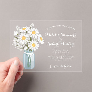 Invitaciones Acrílicas Elegante Floral White Daisies Mason Jar Boda