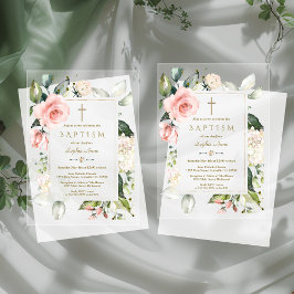 Invitaciones Acrílicas Elegante Flores de Rosa Crema en Acuarela Bautizo