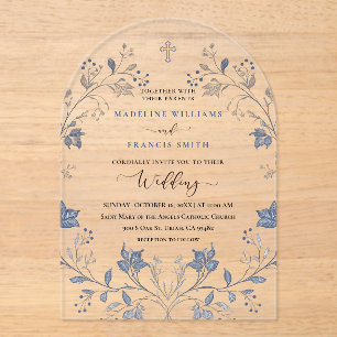Invitaciones Acrílicas elegante follaje azul boda religiosa