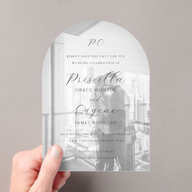 Invitaciones Acrílicas Elegante foto clásica de boda, guarde la fecha (Insitu (portátil))
