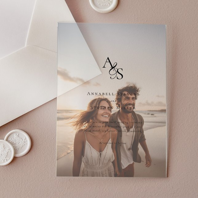 Invitaciones Acrílicas Elegante, foto, clásico, monograma, Boda (Elegant, Transparent Photo, Classic, Monogram, Wedding Acrylic Invitations)