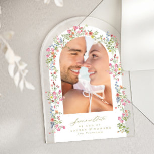 Invitaciones Acrílicas elegante foto de arco floral salve nuestra cita bo