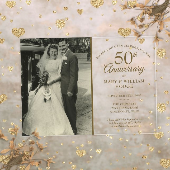 Invitaciones Acrílicas Elegante foto de boda de oro de 50 aniversario (Elegant Gold 50th Anniversary Wedding Photo Acrylic Invitations)