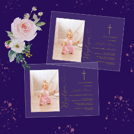 Invitaciones Acrílicas Elegante foto de niña en oro caligrafía Bautizo