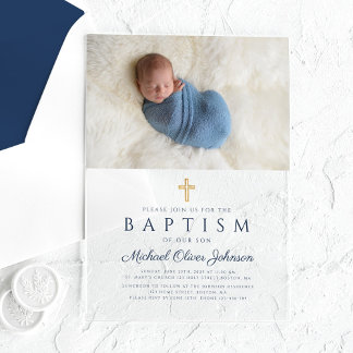 Invitaciones Acrílicas Elegante foto de travesía religiosa azul de niño b