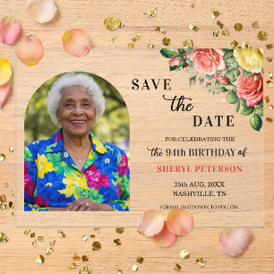 Invitaciones Acrílicas Elegante Foto Floral 94 Cumpleaños Save the Date