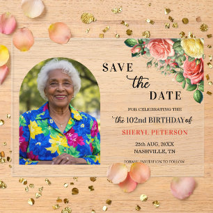 Invitaciones Acrílicas Elegante Foto Floral Cumpleaños 102 Guardar la Fec