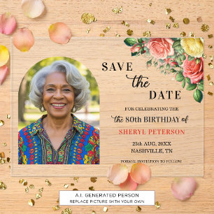 Invitaciones Acrílicas Elegante foto floral Cumpleaños 80 Save the Date