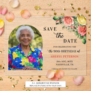 Invitaciones Acrílicas Elegante foto floral Cumpleaños 90 Save the Date