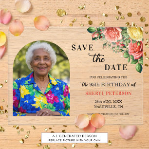 Invitaciones Acrílicas Elegante foto floral cumpleaños 95 Save the Date