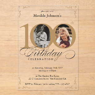Invitaciones Acrílicas Elegante foto Personalizado 100 cumpleaños