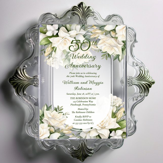 Invitaciones Acrílicas Elegante Gardenia Floral 50 aniversario Boda (Elegant Gardenia Floral 50th Wedding Anniversary Acrylic Invitations)
