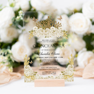 Invitaciones Acrílicas Elegante Glam Blanca Corona de Flores de Oro Quinc