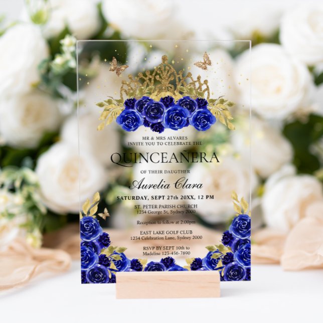 Invitaciones Acrílicas Elegante Glam Blue Floral Gold Tiara Quinceanera (Subido por el creador)