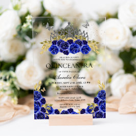 Invitaciones Acrílicas Elegante Glam Blue Floral Silver Tiara Quinceanera