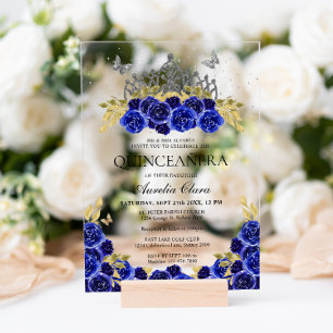 Invitaciones Acrílicas Elegante Glam Blue Floral Silver Tiara Quinceanera