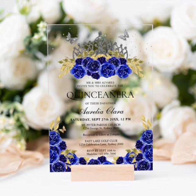 Invitaciones Acrílicas Elegante Glam Blue Floral Silver Tiara Quinceanera (Subido por el creador)