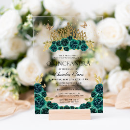Invitaciones Acrílicas Elegante Glam Green Floral Gold Tiara Quinceanera