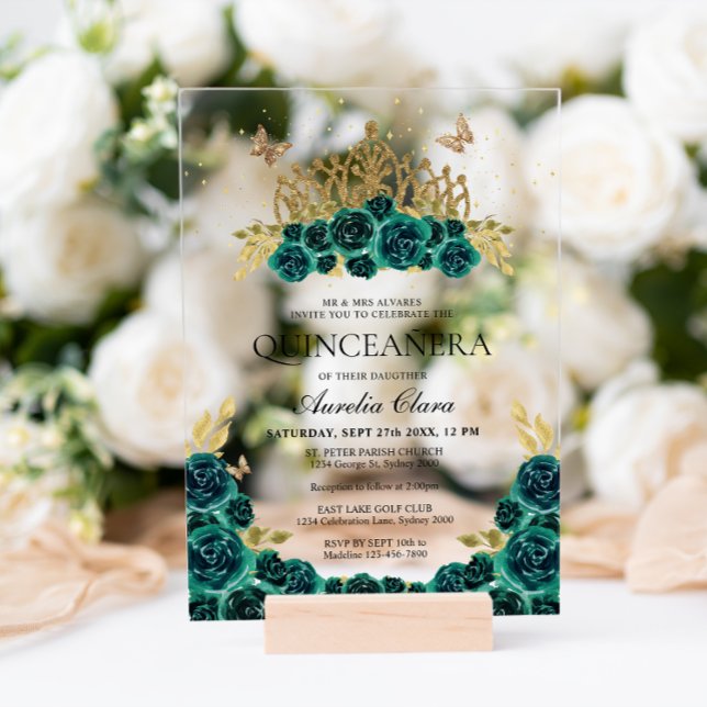Invitaciones Acrílicas Elegante Glam Green Floral Gold Tiara Quinceanera (Subido por el creador)
