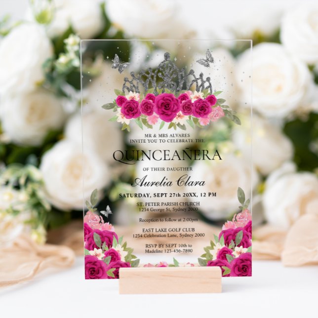 Invitaciones Acrílicas Elegante Glam Plata Floral Rosa Tiara Quinceanera (Subido por el creador)
