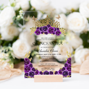 Invitaciones Acrílicas Elegante Glam Purple Floral Gold Tiara Quinceanera