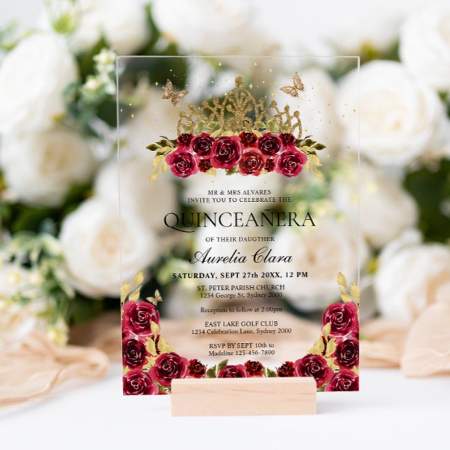 Invitaciones Acrílicas Elegante Glam Red Floral Gold Tiara Quinceanera (Subido por el creador)