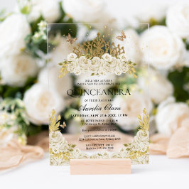 Invitaciones Acrílicas Elegante Glam White Floral Gold Tiara Quinceanera