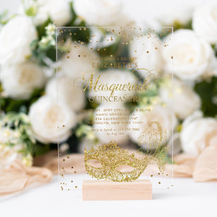 Invitaciones Acrílicas Elegante Glitter Dorado Máscara Quinceañera