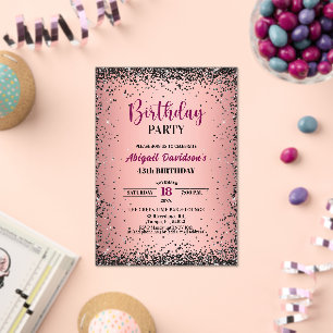 Invitaciones Acrílicas Elegante Glitter Negro Metálico Rosa Cumpleaños 45