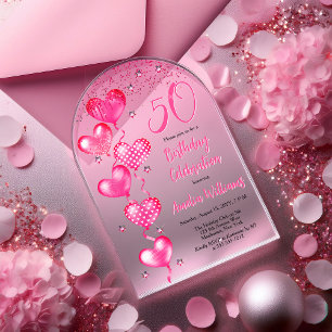 Invitaciones Acrílicas Elegante globo de corazón rosado 50 cumpleaños