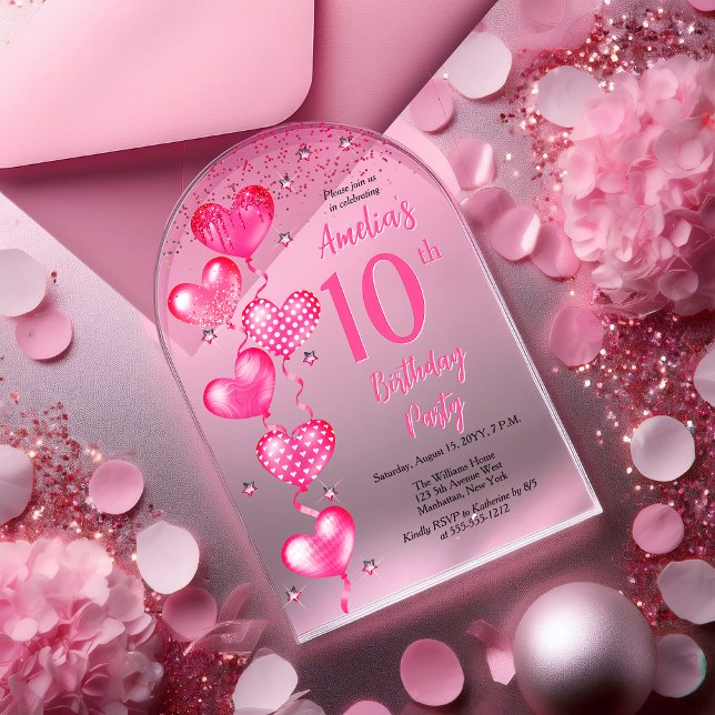 Invitaciones Acrílicas Elegante Globos de Corazón Rosa 10 cumpleaños (Elegant Pink Heart Balloons "10" 10th Birthday Party Arched Acrylic Invitation)