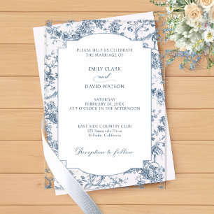 Invitaciones Acrílicas Elegante grabado francés azul floral toile
